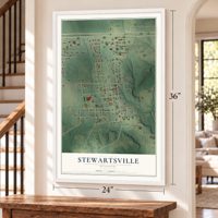 Stewartsville, Missouri map, 24 x 36 inch print in a white frame by a staircase