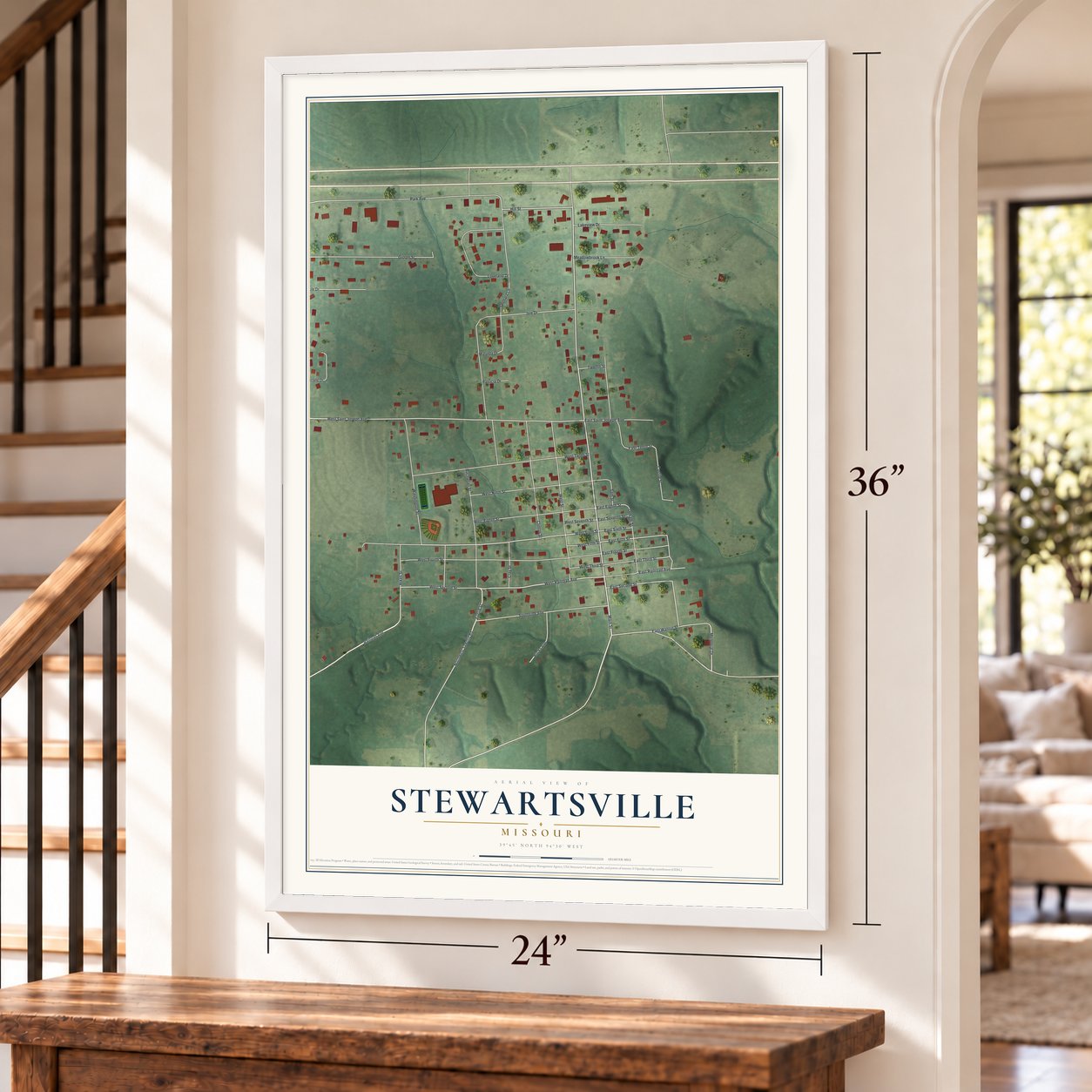 Stewartsville, Missouri map, 24 x 36 inch print in a white frame by a staircase