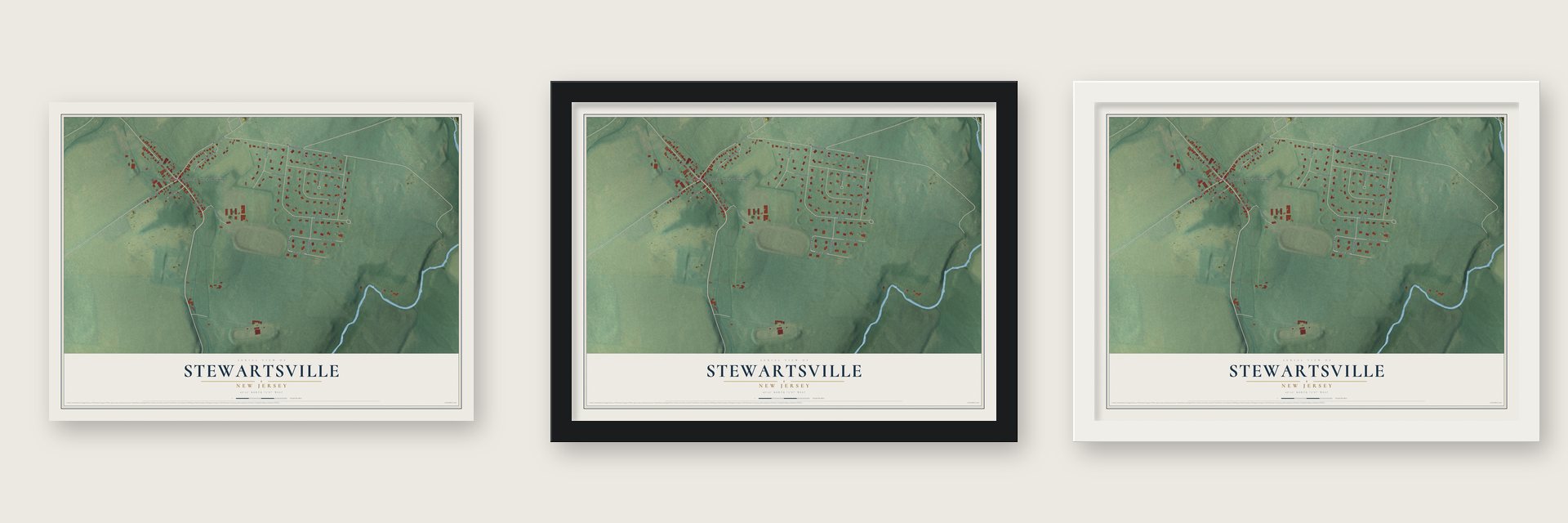 Stewartsville, New Jersey map unframed, in a black wood frame and in a white wood frame