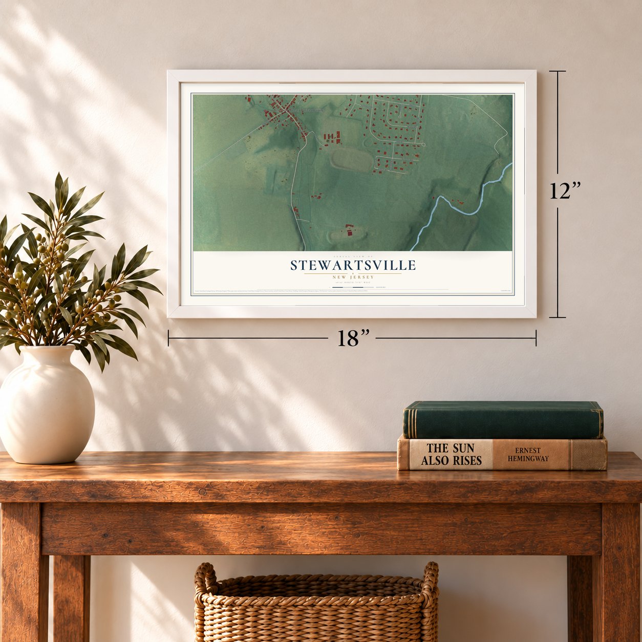 Stewartsville, New Jersey map, 12 x 18 inch print in a white frame in an entryway