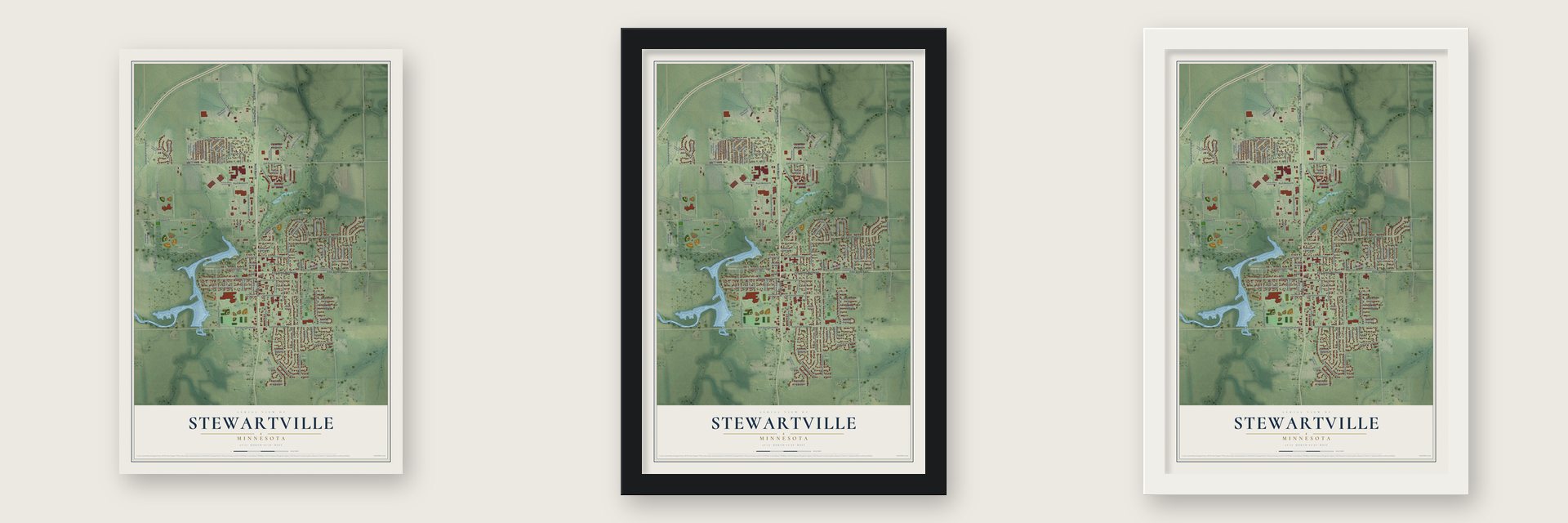 Stewartville, Minnesota map unframed, in a black wood frame and in a white wood frame