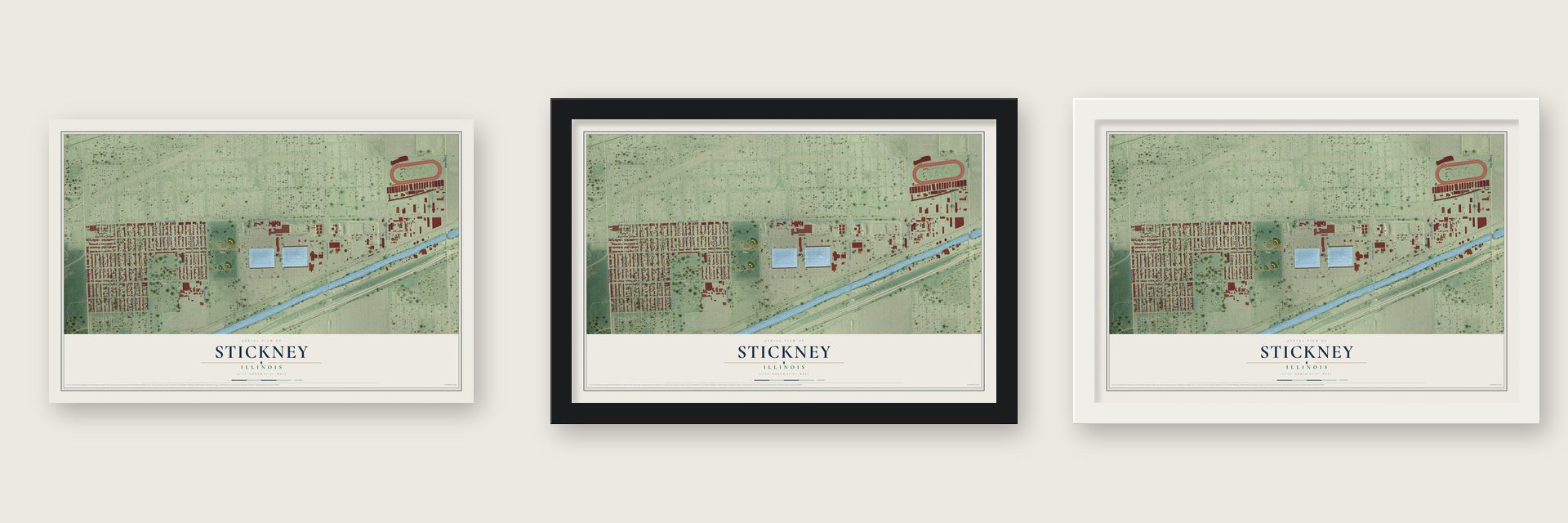Stickney, Illinois map unframed, in a black wood frame and in a white wood frame