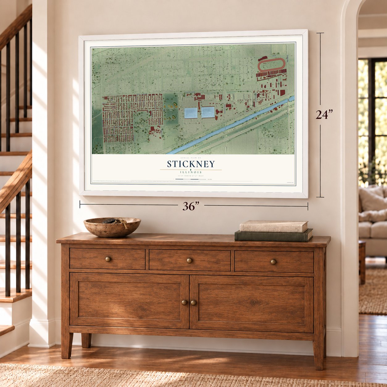 Stickney, Illinois map, 24 x 36 inch print in a white frame above a dresser by a staircase
