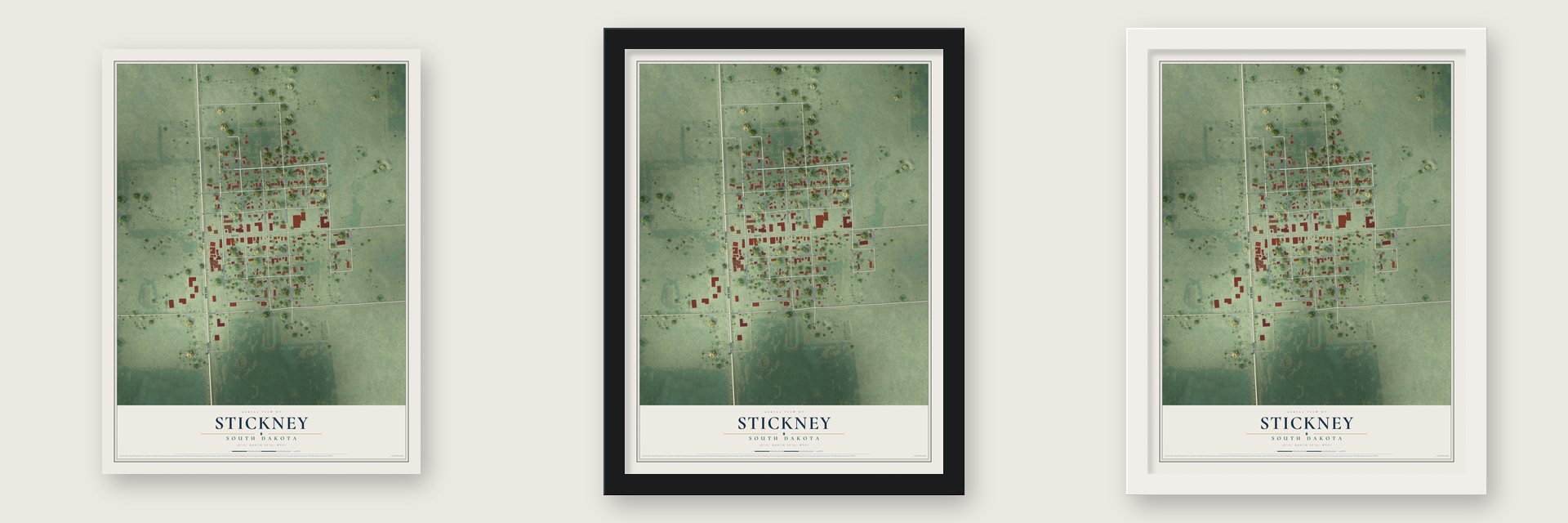 Stickney, South Dakota map unframed, in a black wood frame and in a white wood frame