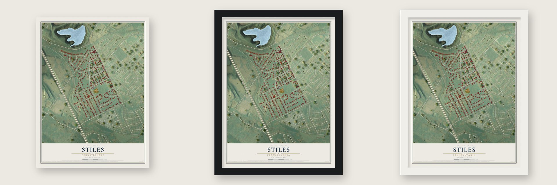 Stiles, Pennsylvania map unframed, in a black wood frame and in a white wood frame