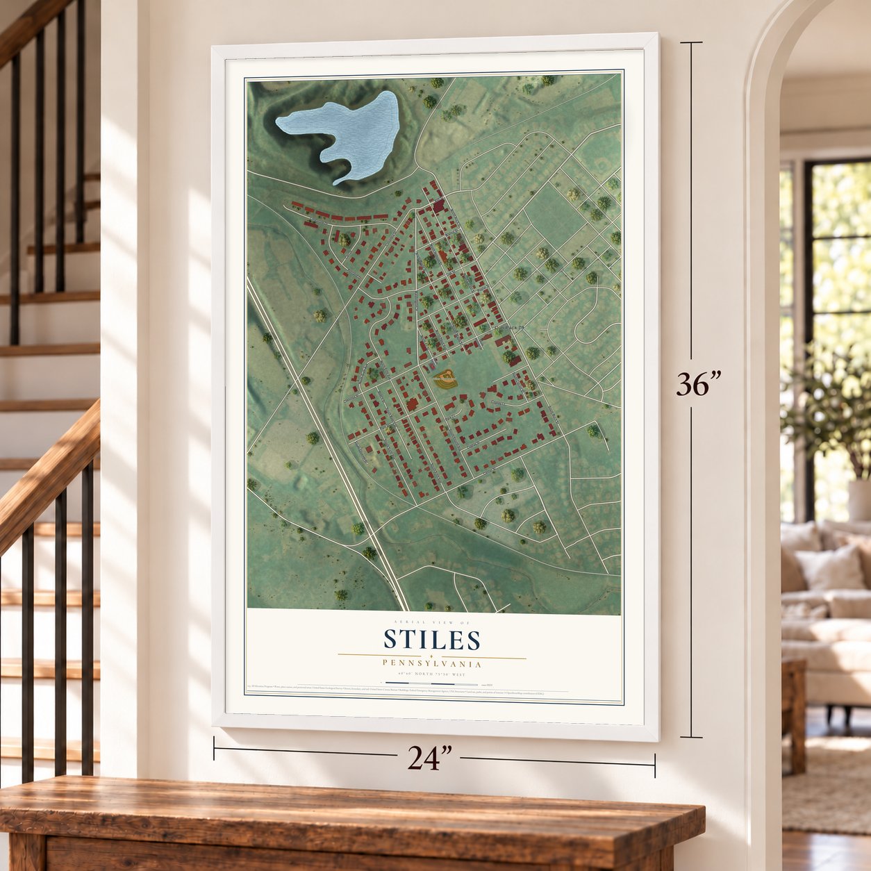 Stiles, Pennsylvania map, 24 x 36 inch print in a white frame by a staircase
