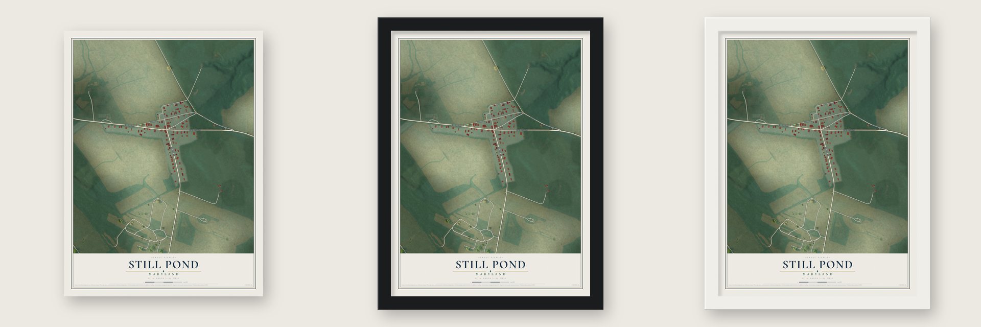 Still Pond, Maryland map unframed, in a black wood frame and in a white wood frame