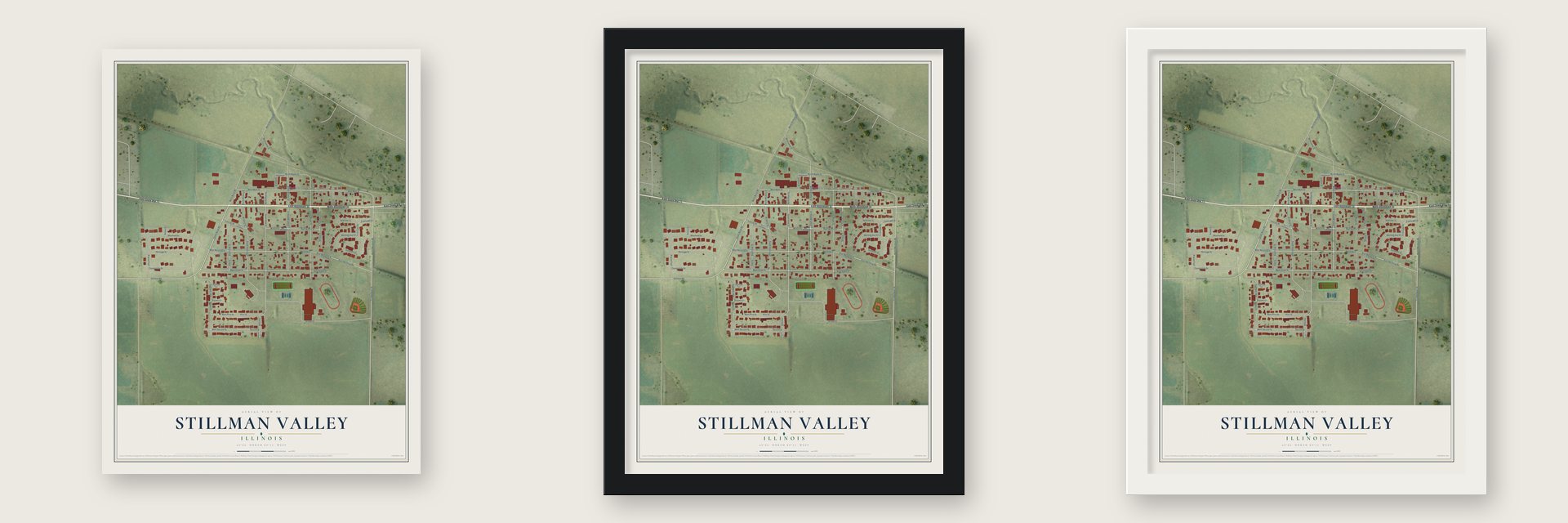 Stillman Valley, Illinois map unframed, in a black wood frame and in a white wood frame
