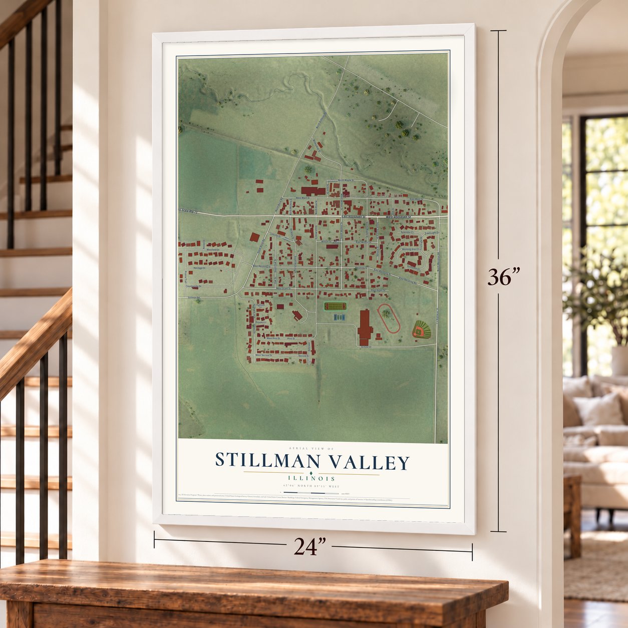 Stillman Valley, Illinois map, 24 x 36 inch print in a white frame by a staircase