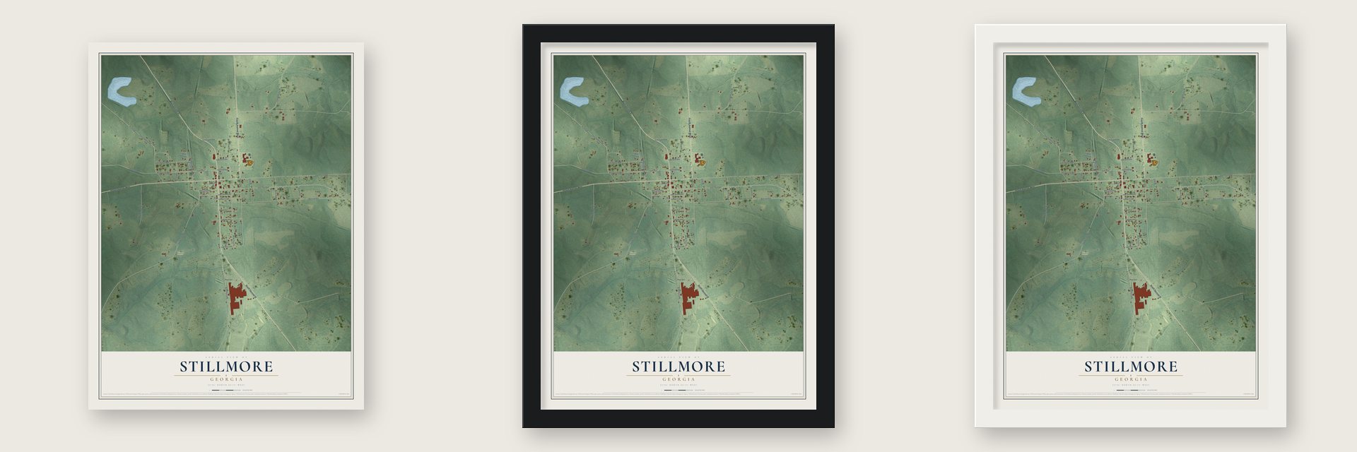Stillmore, Georgia map unframed, in a black wood frame and in a white wood frame