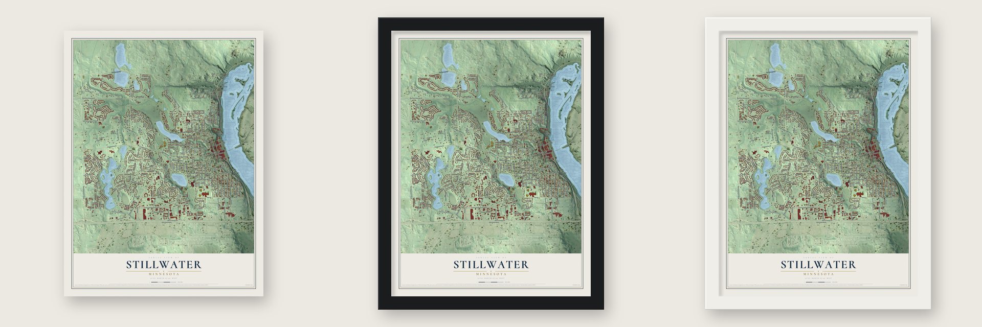 Stillwater, Minnesota map unframed, in a black wood frame and in a white wood frame