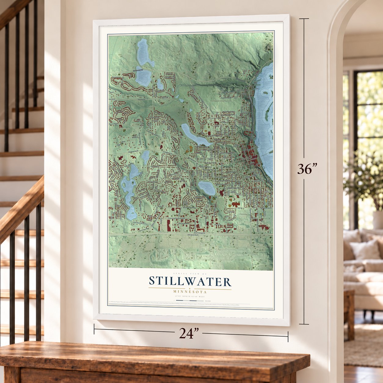 Stillwater, Minnesota map, 24 x 36 inch print in a white frame by a staircase