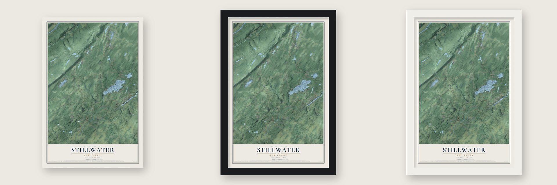 Stillwater, New Jersey map unframed, in a black wood frame and in a white wood frame