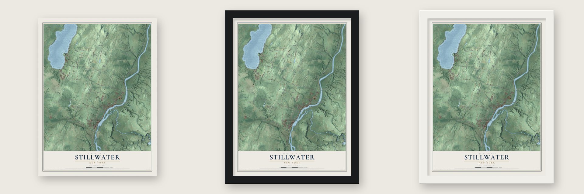 Stillwater, New York map unframed, in a black wood frame and in a white wood frame