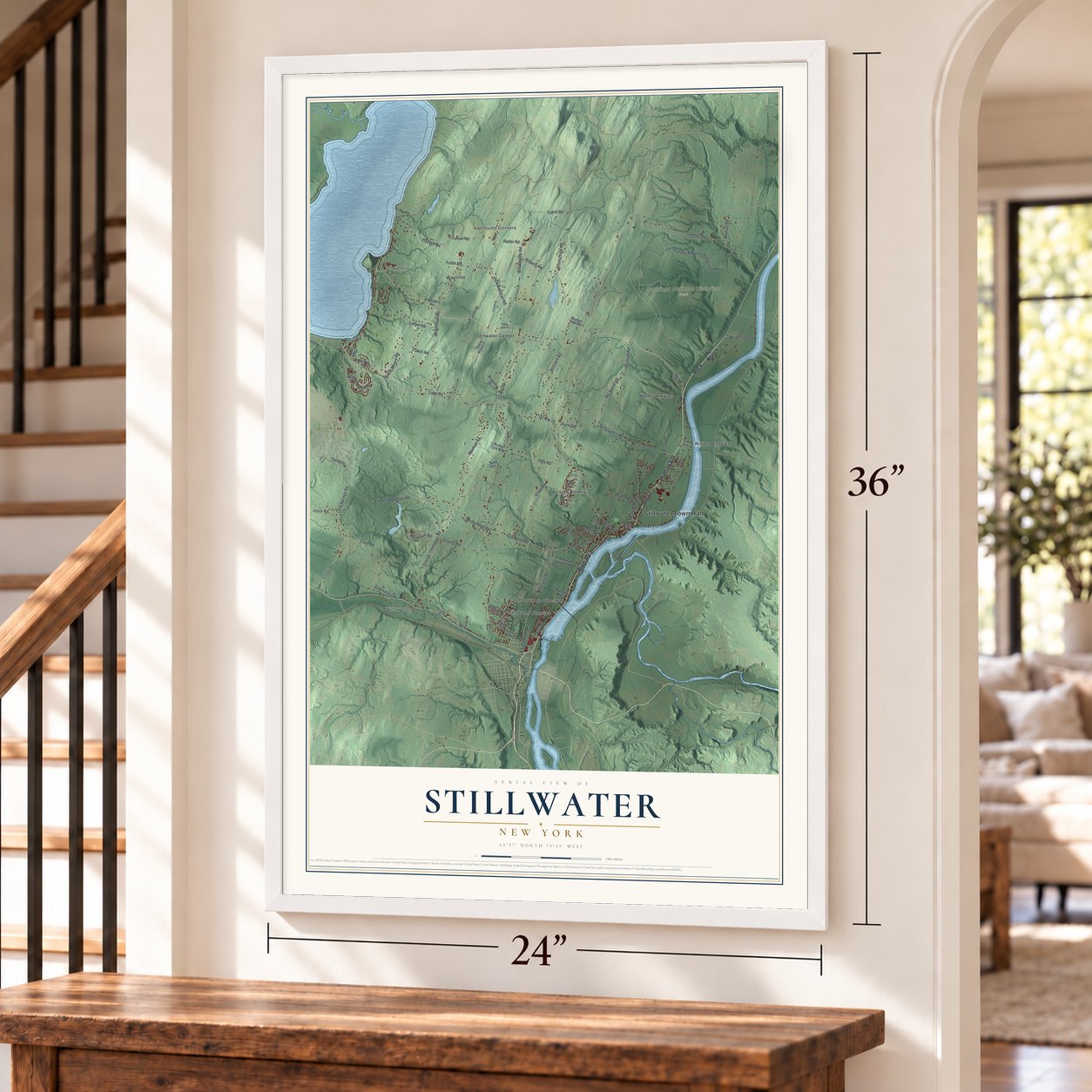 Stillwater, New York map, 24 x 36 inch print in a white frame by a staircase