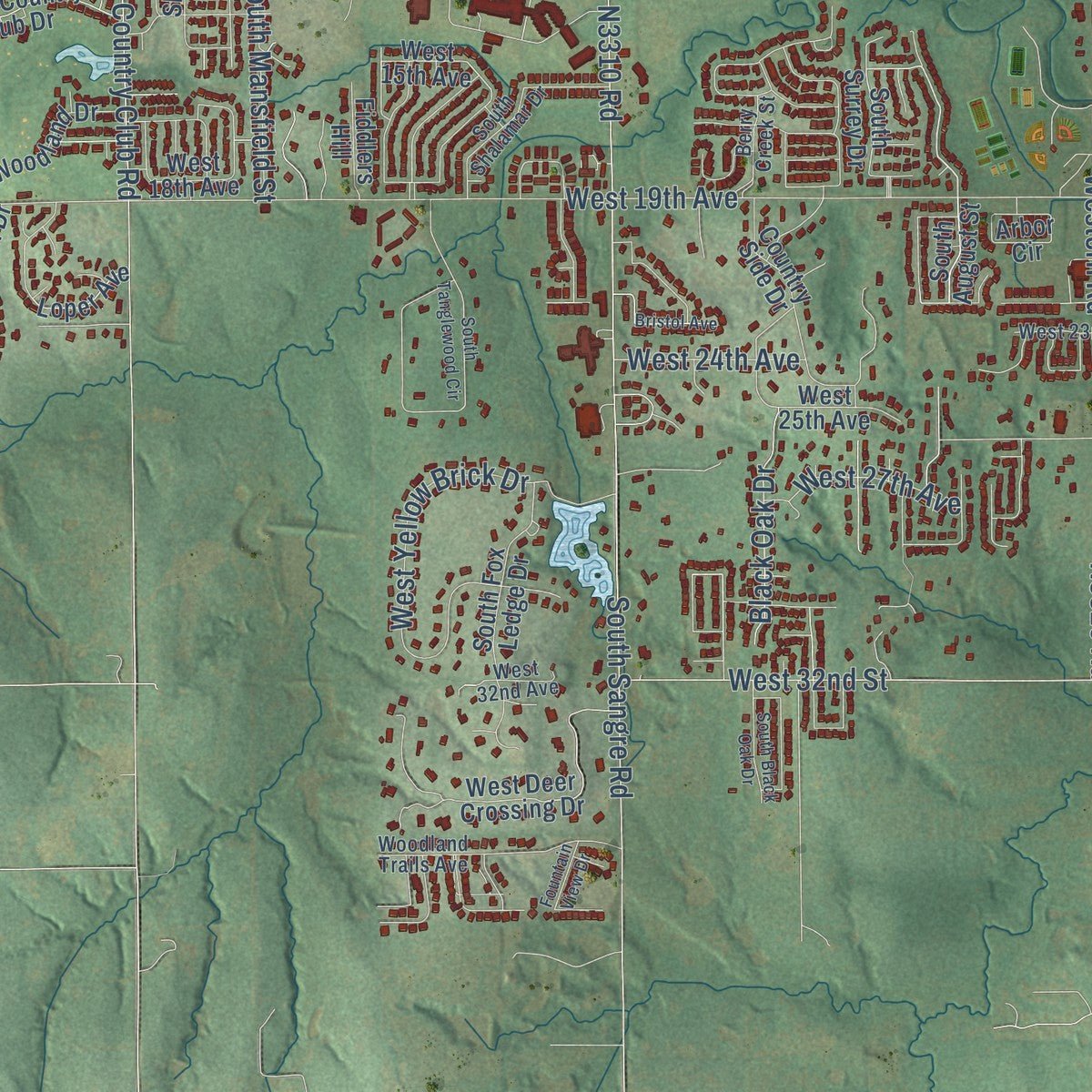 Second close-up of the map of Stillwater, Oklahoma print showing more streets and buildings