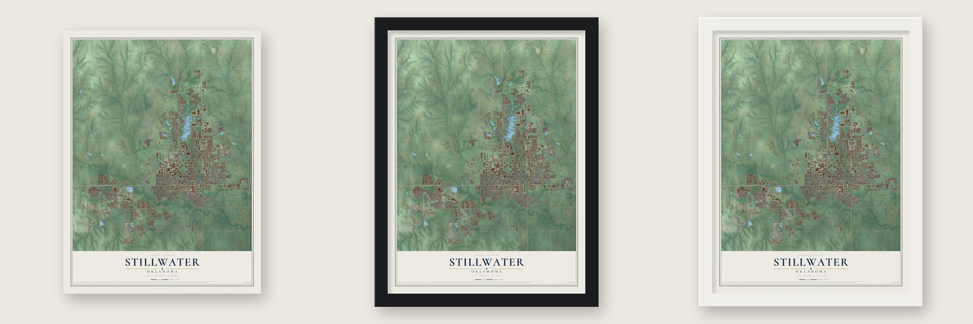 Stillwater, Oklahoma map unframed, in a black wood frame and in a white wood frame