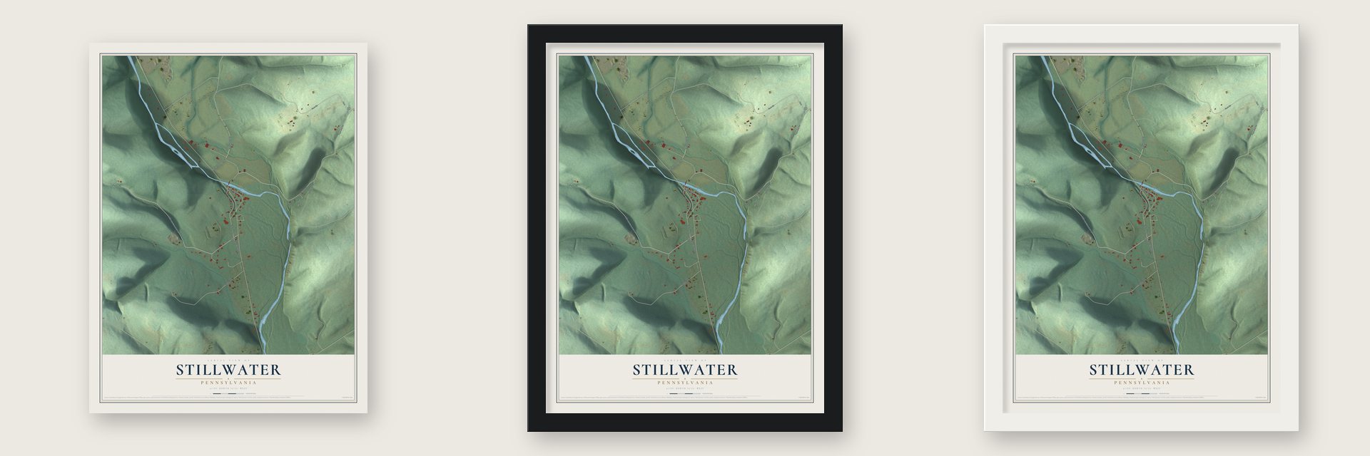 Stillwater, Pennsylvania map unframed, in a black wood frame and in a white wood frame