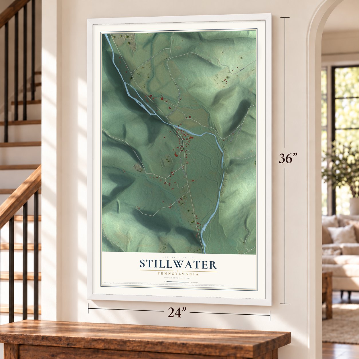 Stillwater, Pennsylvania map, 24 x 36 inch print in a white frame by a staircase