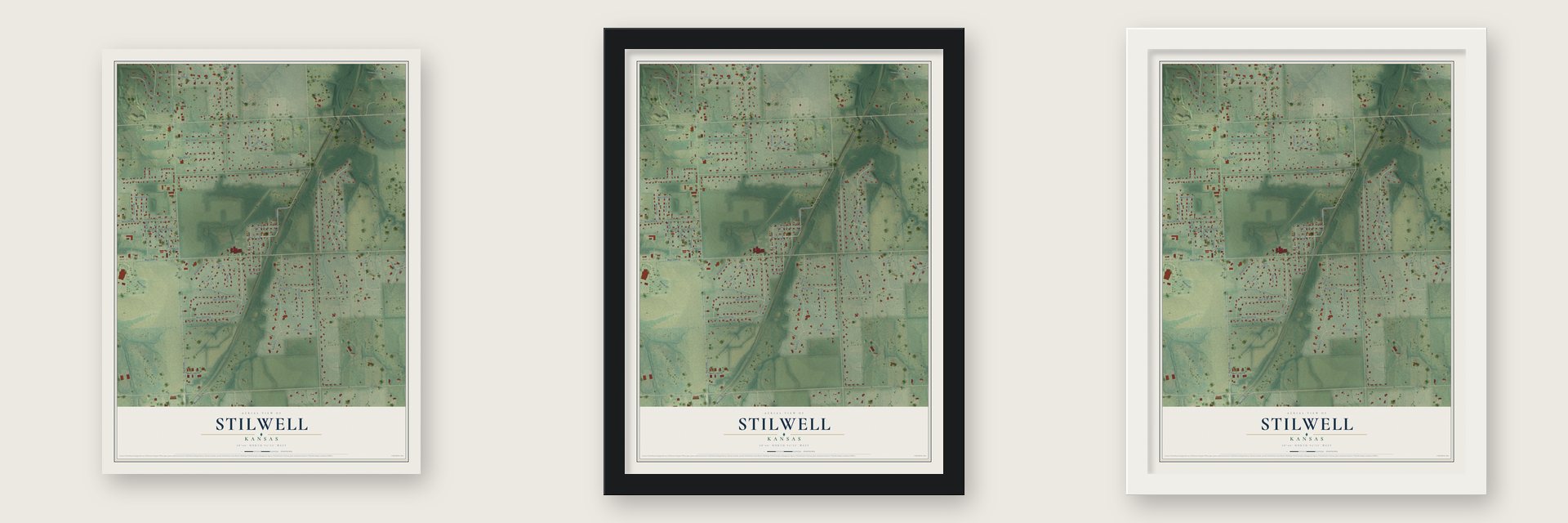 Stilwell, Kansas map unframed, in a black wood frame and in a white wood frame