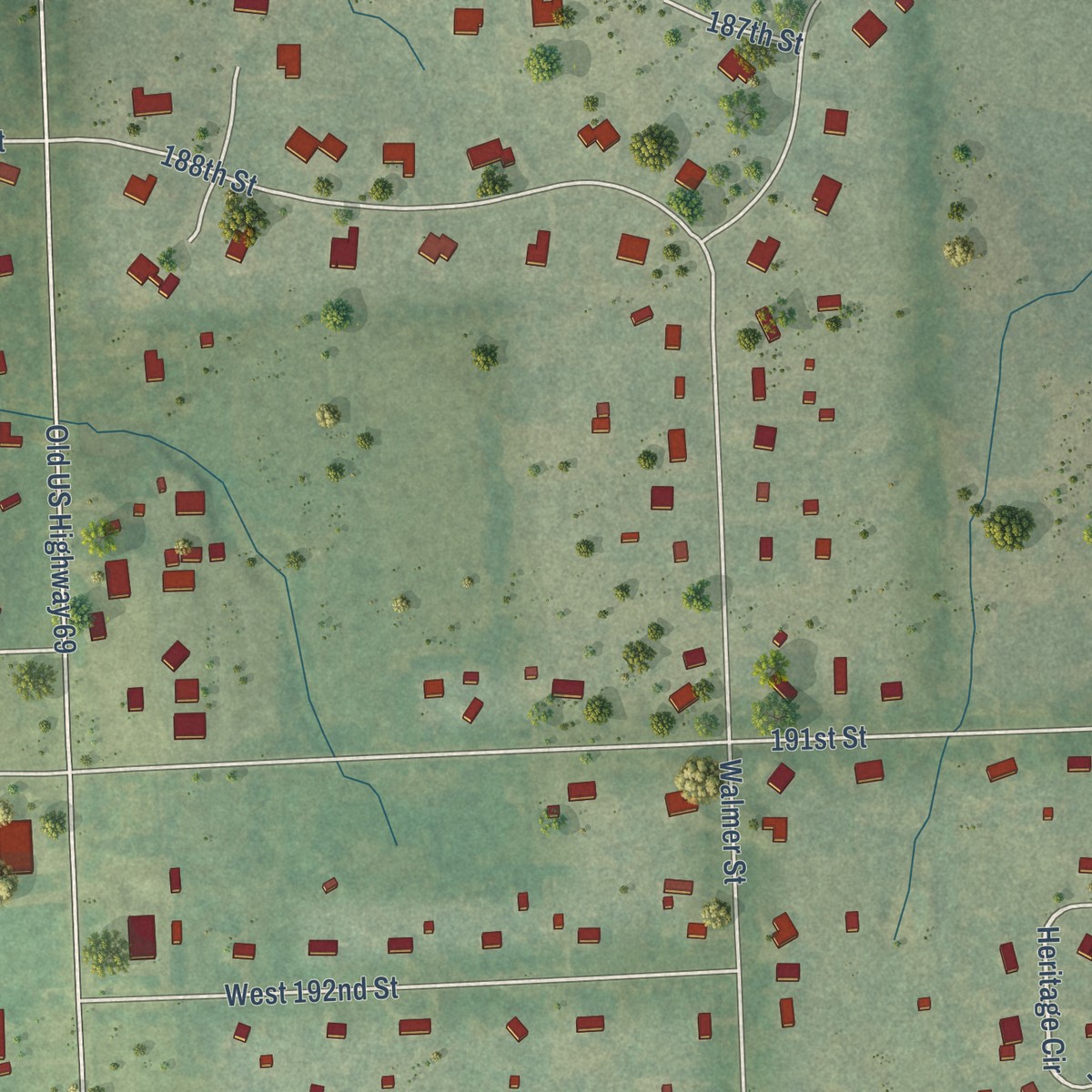 Second close-up of the map of Stilwell, Kansas print showing more streets and buildings