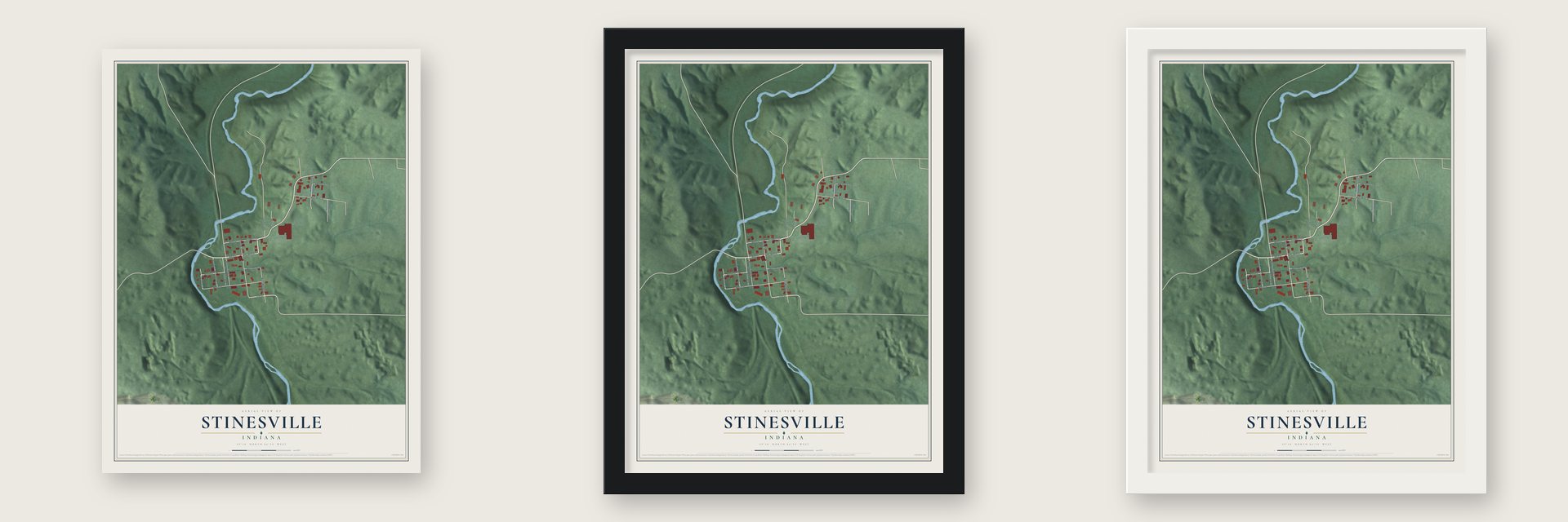 Stinesville, Indiana map unframed, in a black wood frame and in a white wood frame