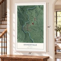 Stinesville, Indiana map, 24 x 36 inch print in a white frame by a staircase