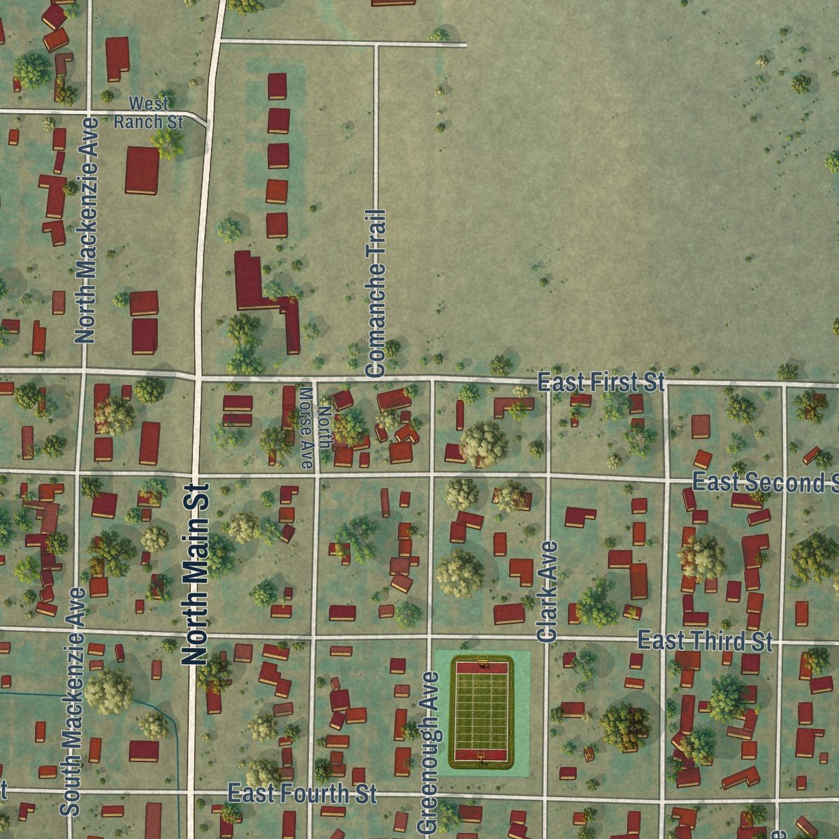 Second close-up of the map of Stinnett, Texas print showing more streets and buildings