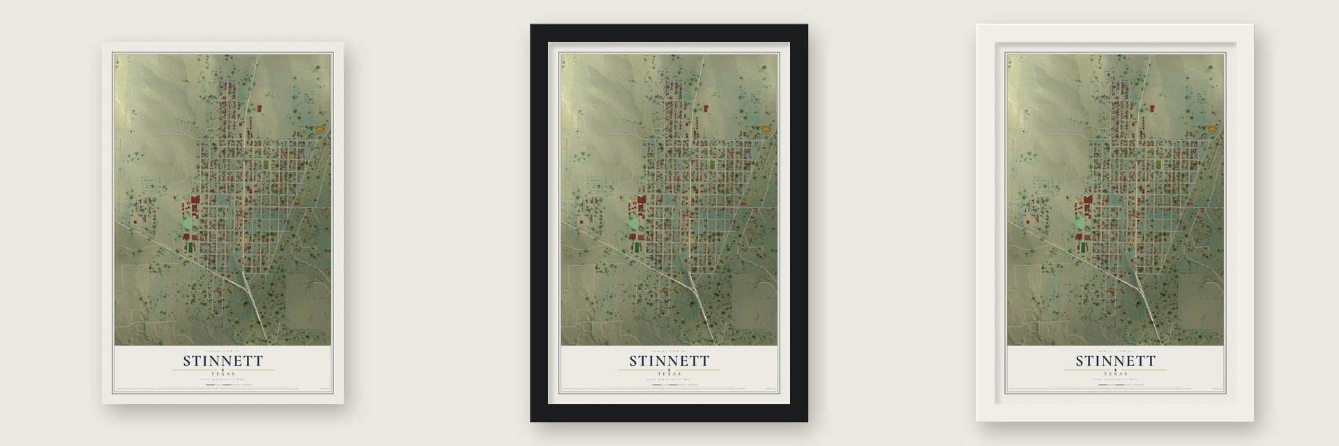 Stinnett, Texas map unframed, in a black wood frame and in a white wood frame