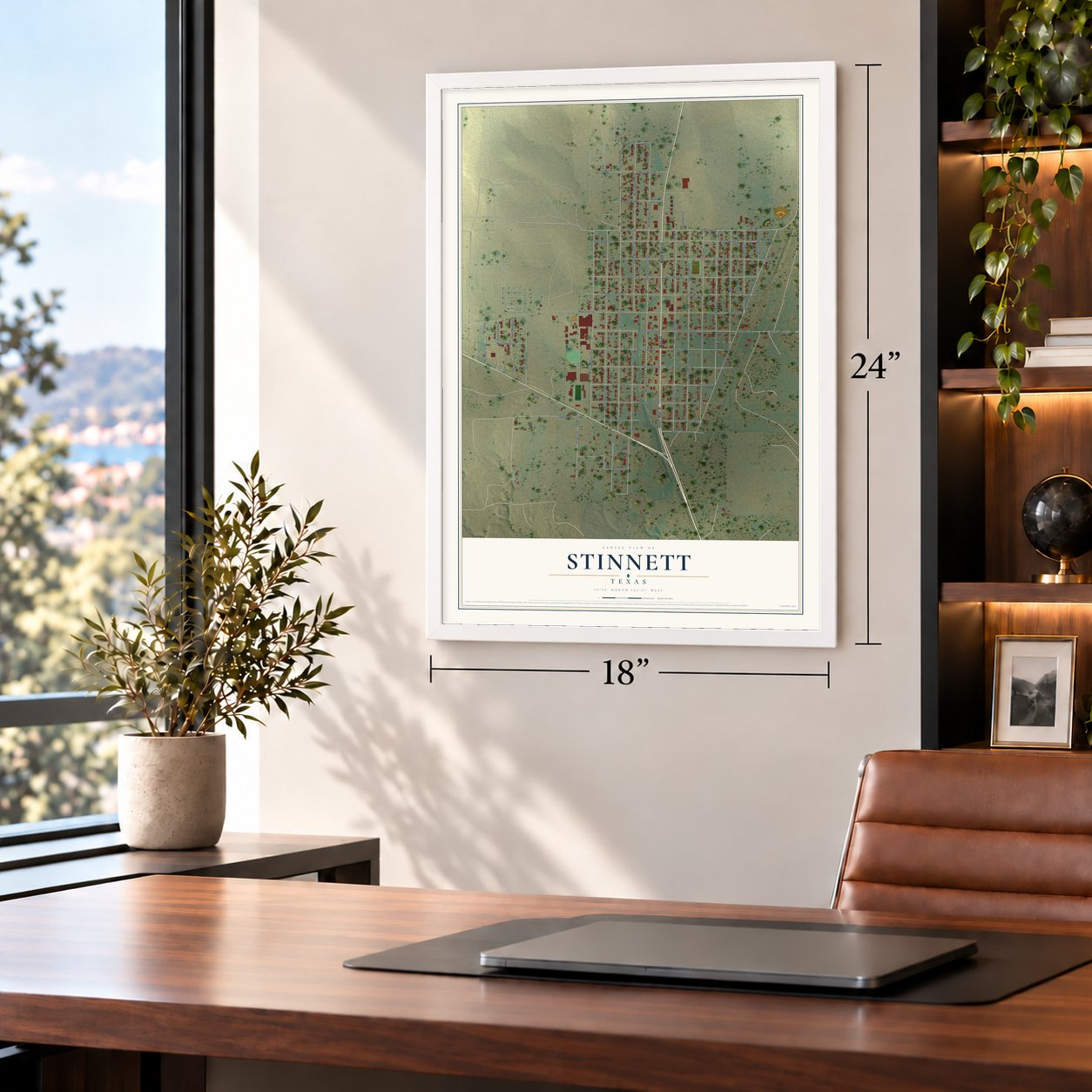Stinnett, Texas map, 18 x 24 inch print in a white frame in a home office