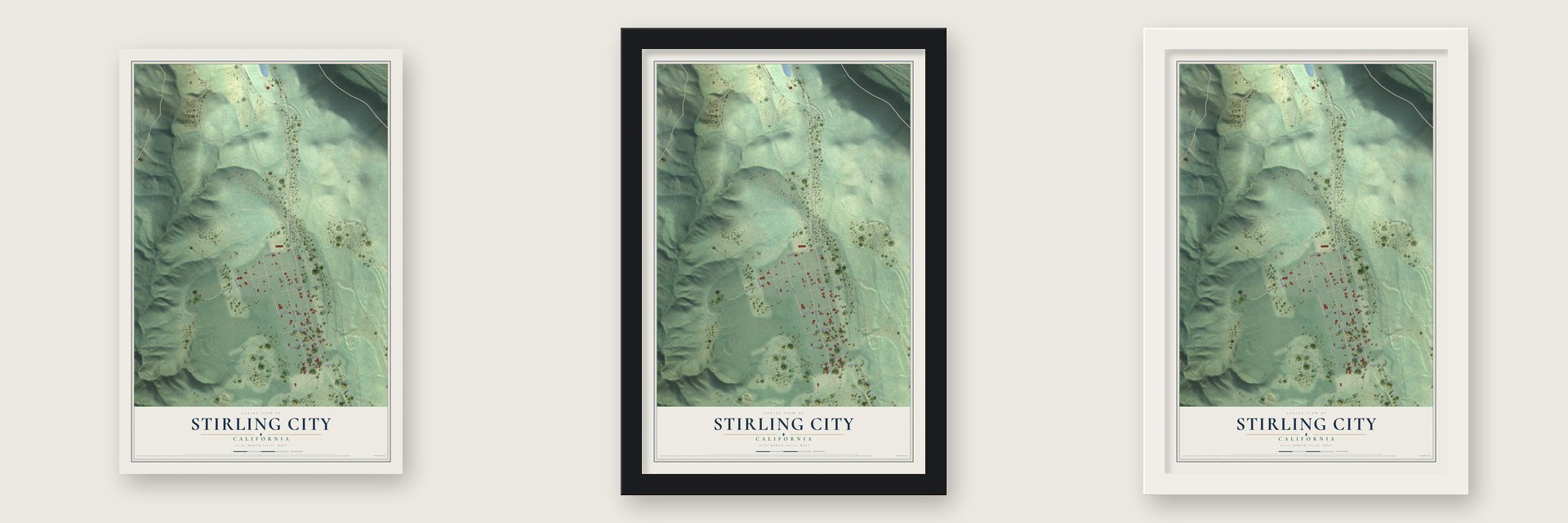 Stirling City, California map unframed, in a black wood frame and in a white wood frame