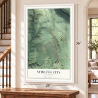 Stirling City, California map, 24 x 36 inch print in a white frame by a staircase