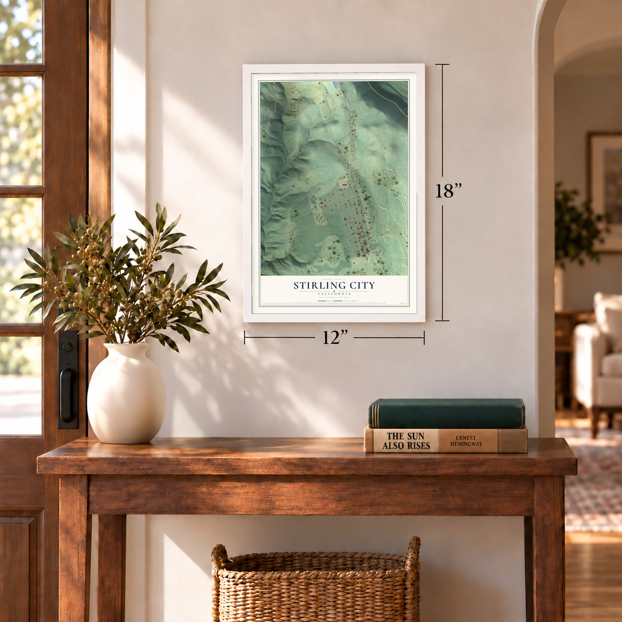 Stirling City, California map, 12 x 18 inch print in a white frame in an entryway