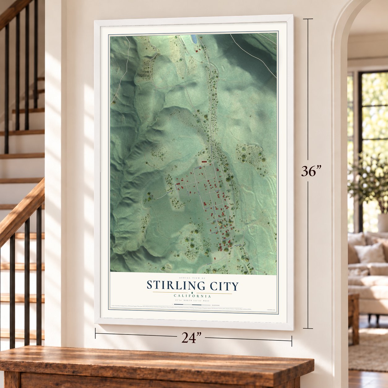 Stirling City, California map, 24 x 36 inch print in a white frame by a staircase