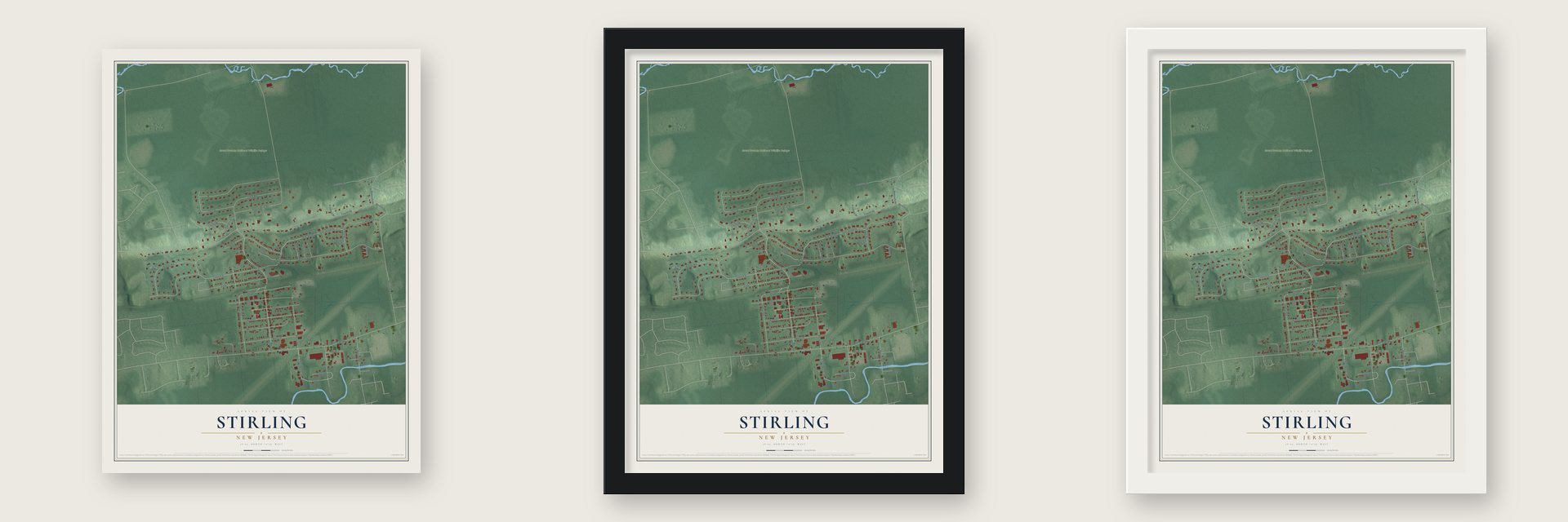 Stirling, New Jersey map unframed, in a black wood frame and in a white wood frame