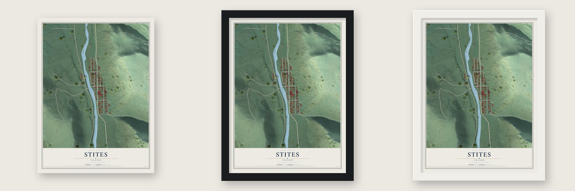 Stites, Idaho map unframed, in a black wood frame and in a white wood frame