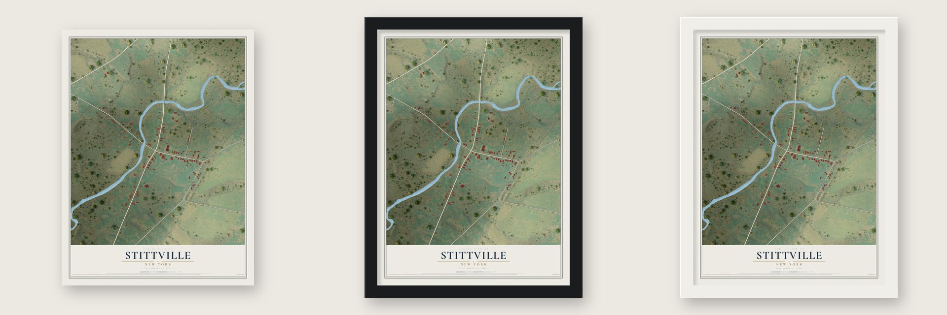 Stittville, New York map unframed, in a black wood frame and in a white wood frame