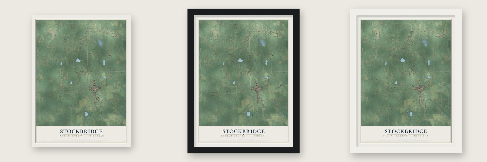 Stockbridge, Ingham County, Michigan map unframed, in a black wood frame and in a white wood frame