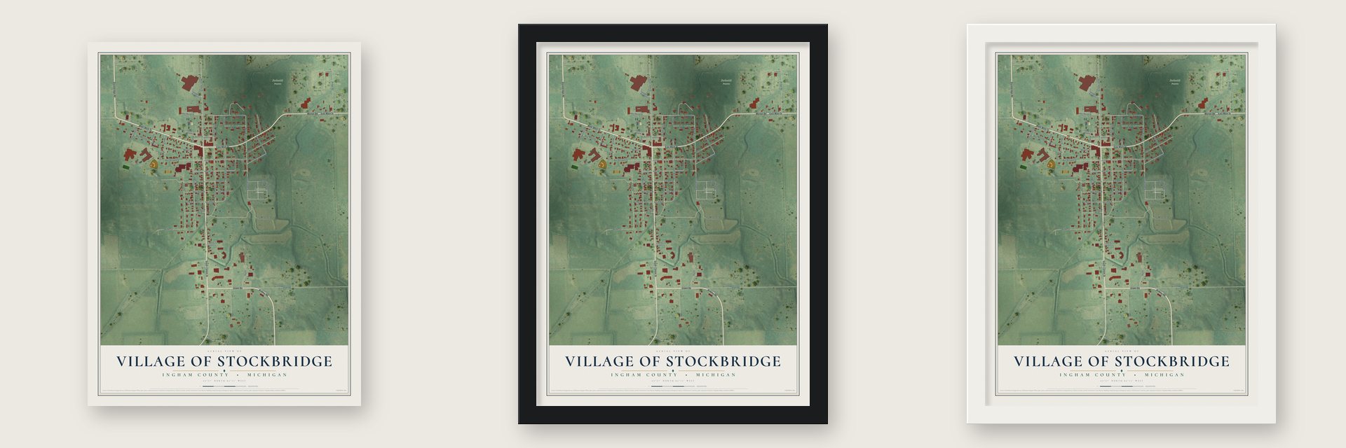 Stockbridge, Michigan map unframed, in a black wood frame and in a white wood frame