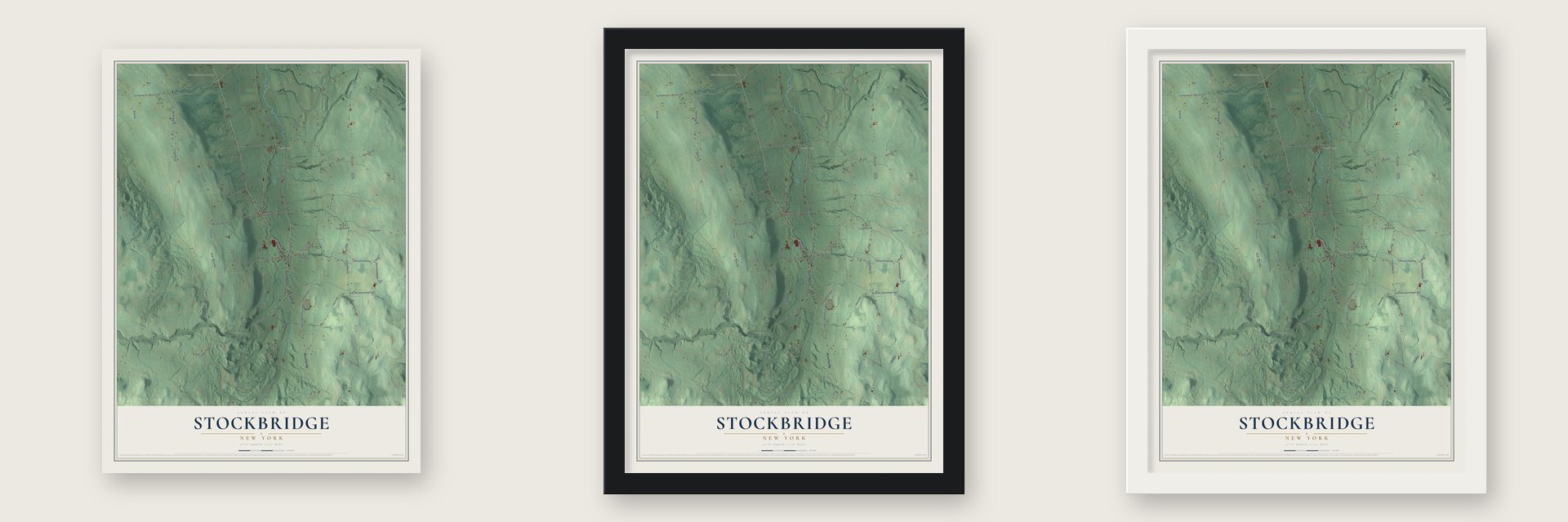 Stockbridge, New York map unframed, in a black wood frame and in a white wood frame