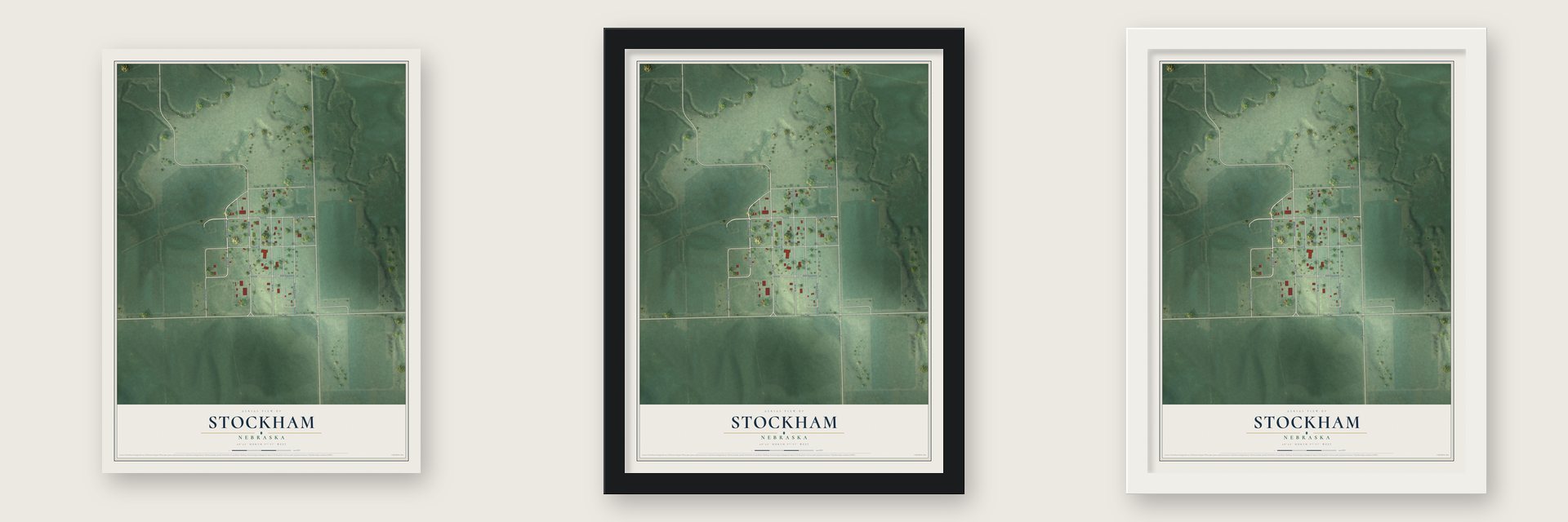 Stockham, Nebraska map unframed, in a black wood frame and in a white wood frame