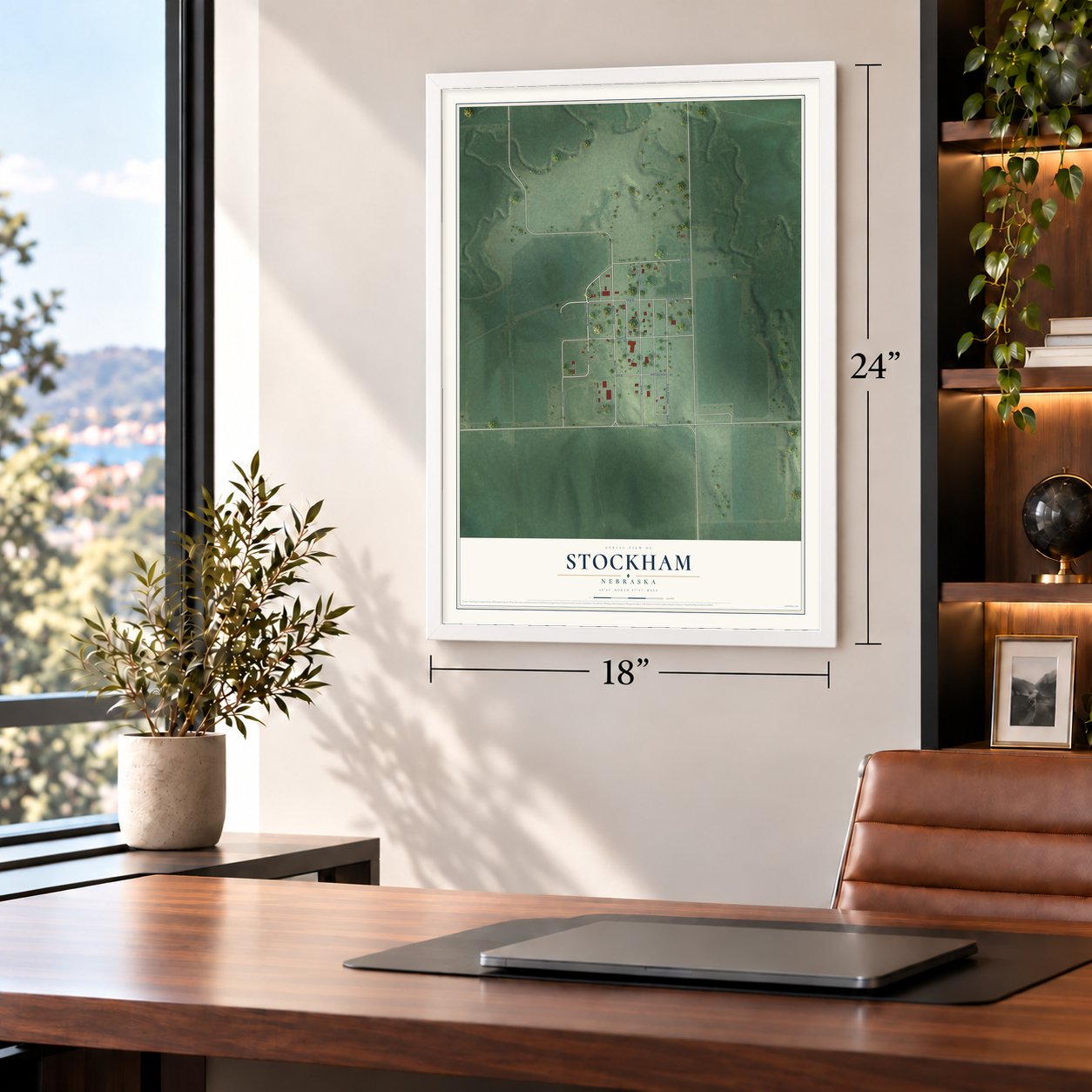Stockham, Nebraska map, 18 x 24 inch print in a white frame in a home office