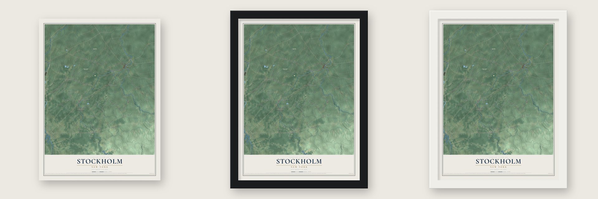 Stockholm, New York map unframed, in a black wood frame and in a white wood frame