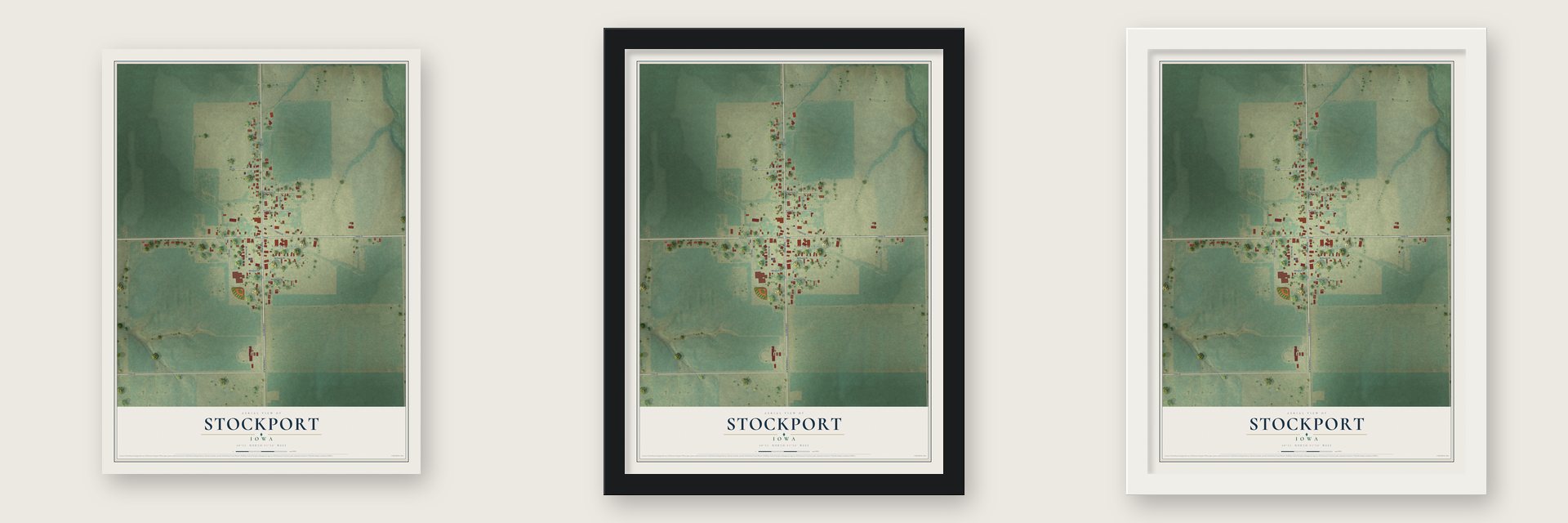 Stockport, Iowa map unframed, in a black wood frame and in a white wood frame