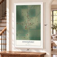 Stockport, Iowa map, 24 x 36 inch print in a white frame by a staircase