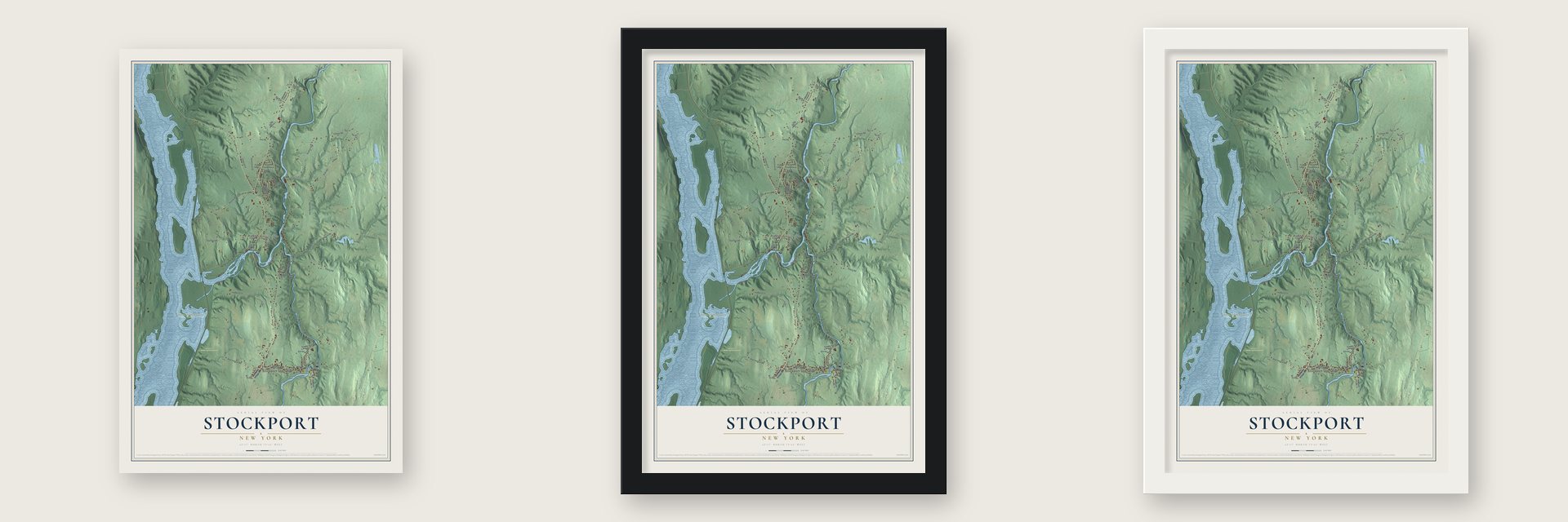 Stockport, New York map unframed, in a black wood frame and in a white wood frame