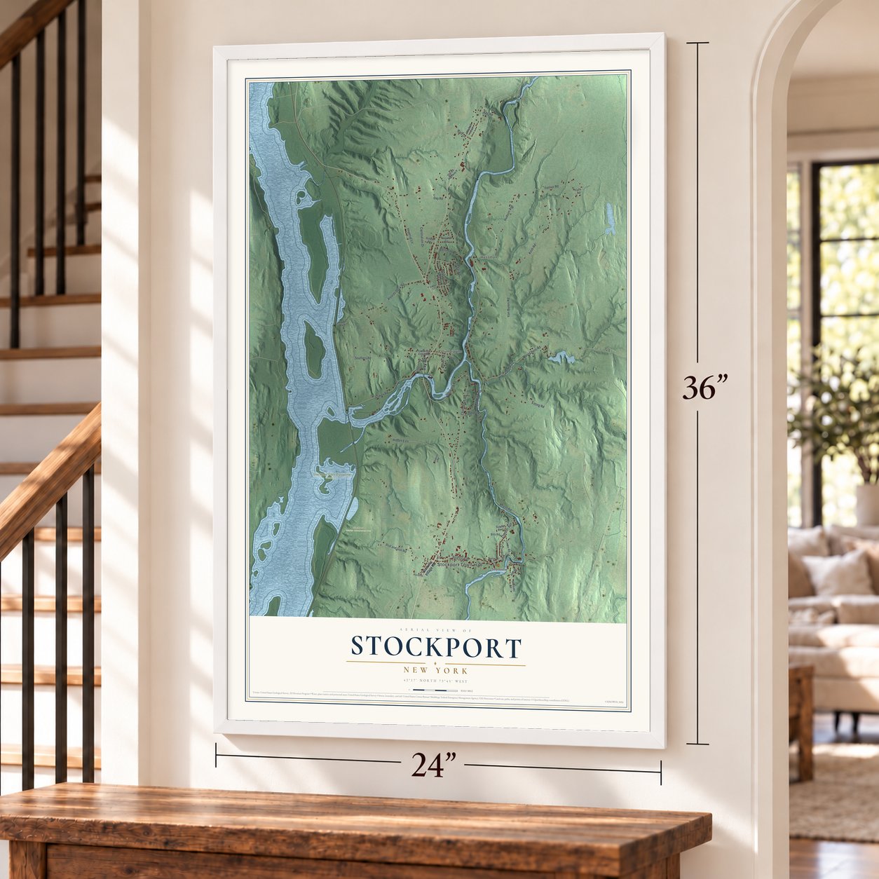 Stockport, New York map, 24 x 36 inch print in a white frame by a staircase