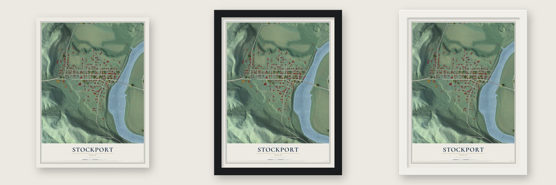 Stockport, Ohio map unframed, in a black wood frame and in a white wood frame