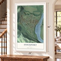 Stockport, Ohio map, 24 x 36 inch print in a white frame by a staircase