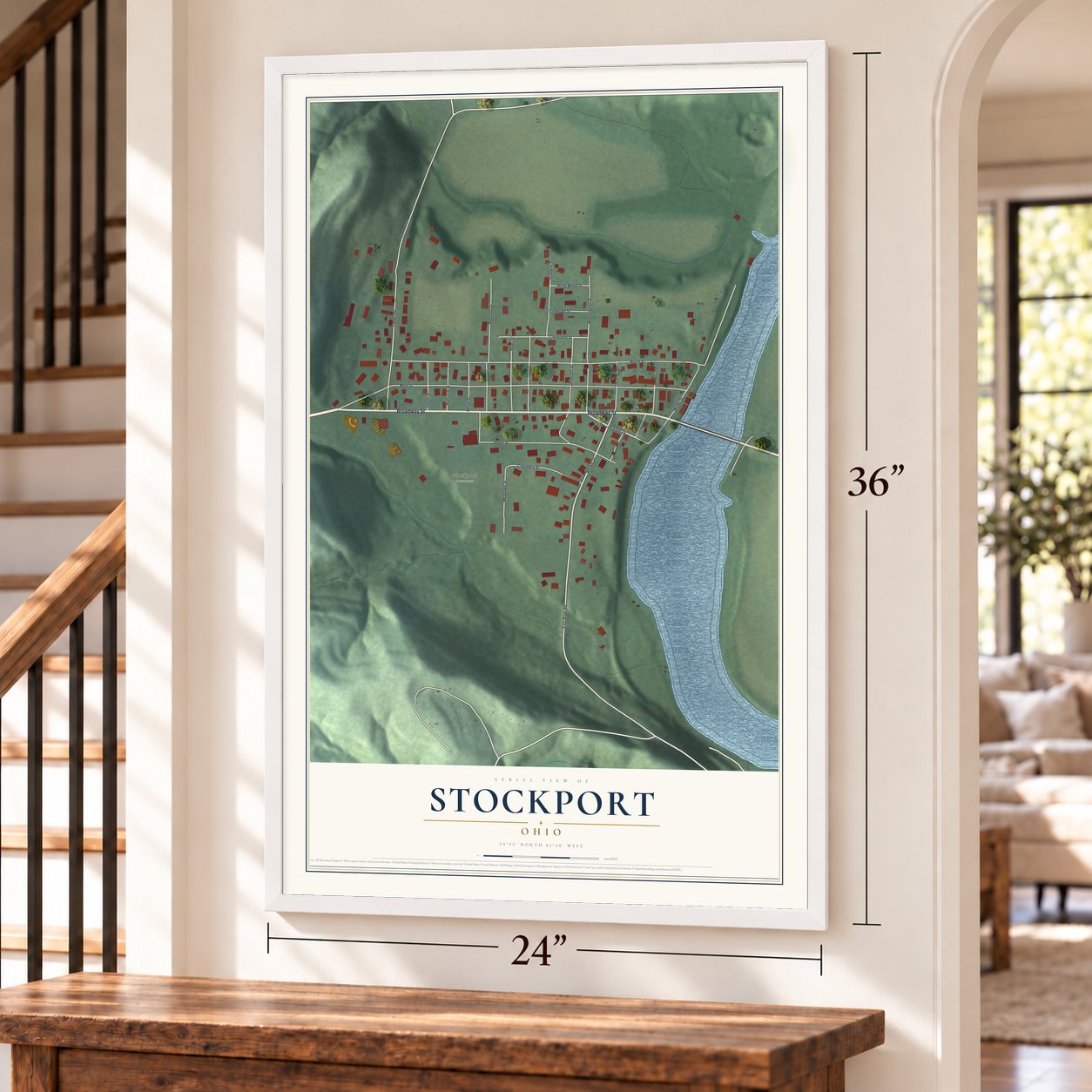 Stockport, Ohio map, 24 x 36 inch print in a white frame by a staircase
